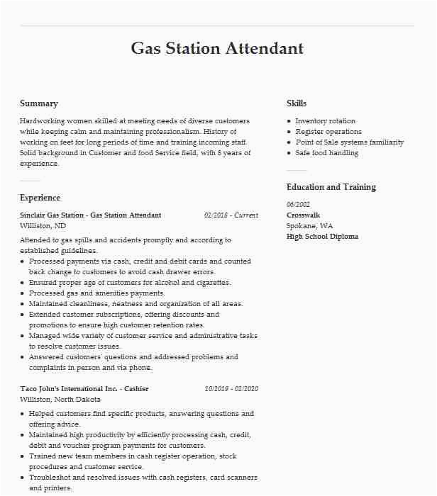 Sample Resume for Gas Station attendant Gas Station attendant Resume Example Circle K Corp O