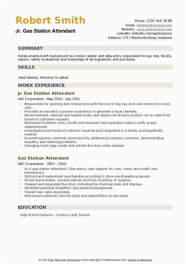 Sample Resume for Gas Station attendant Gas Station attendant Resume Samples