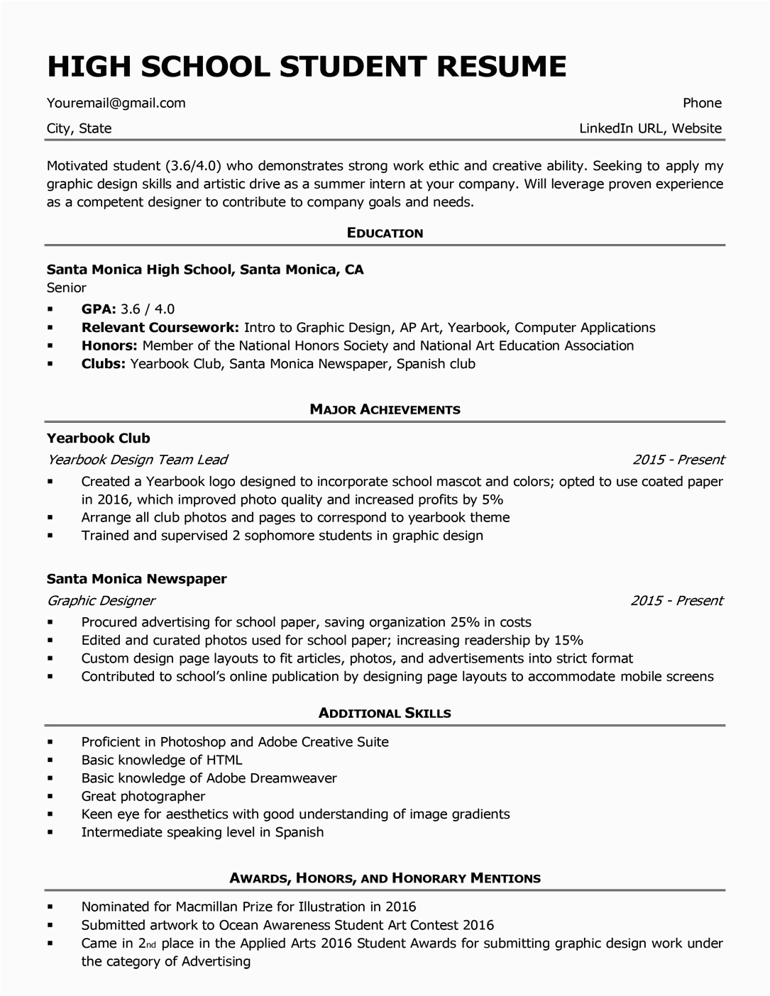 beginner college student resume format for internship