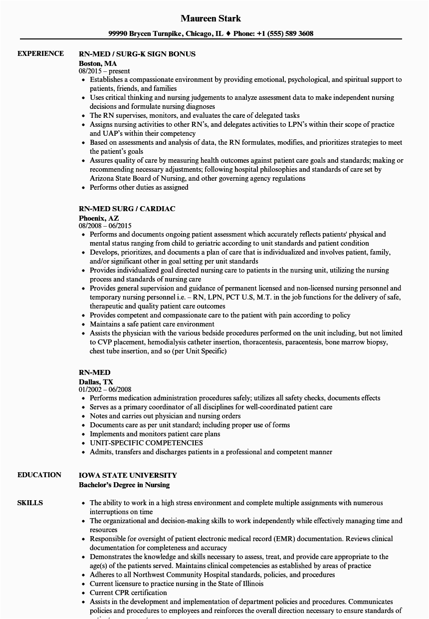 med surg resume sample