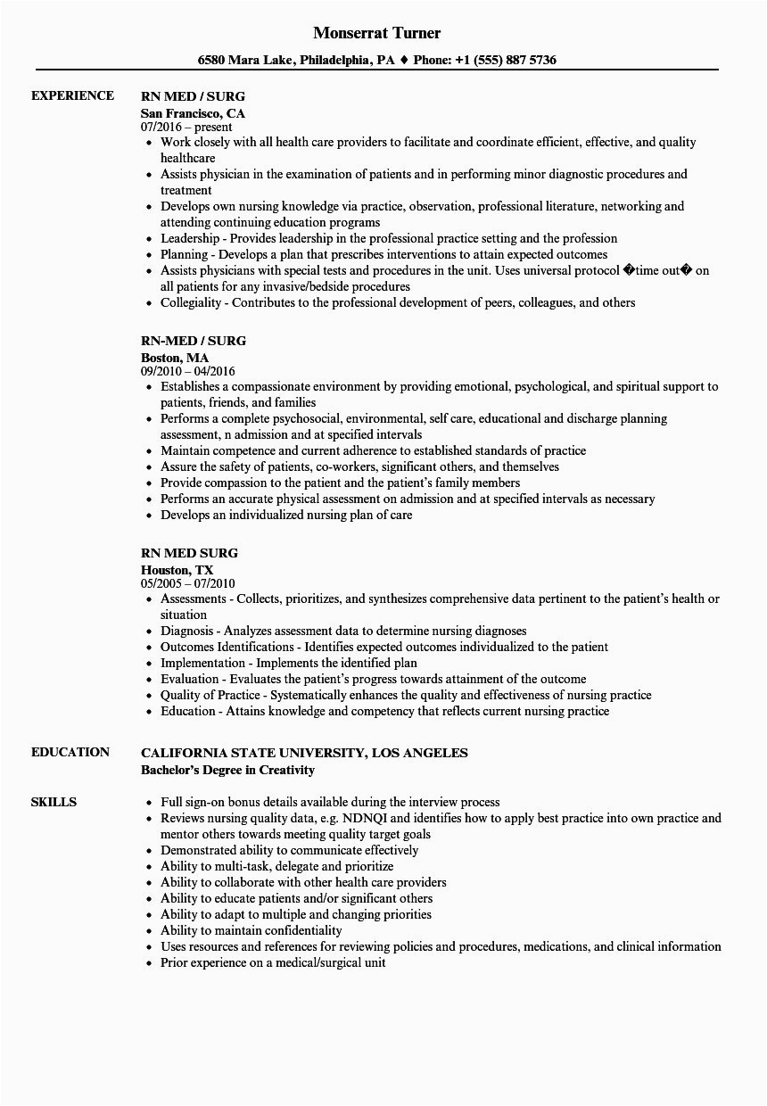 Sample Resume for Med Surg Nurse Med Surg Rn Resume Samples