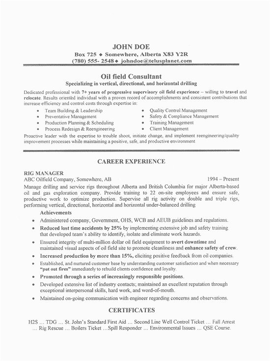 Sample Resume for Oil Field Worker Oil Field Consultant Resume Example