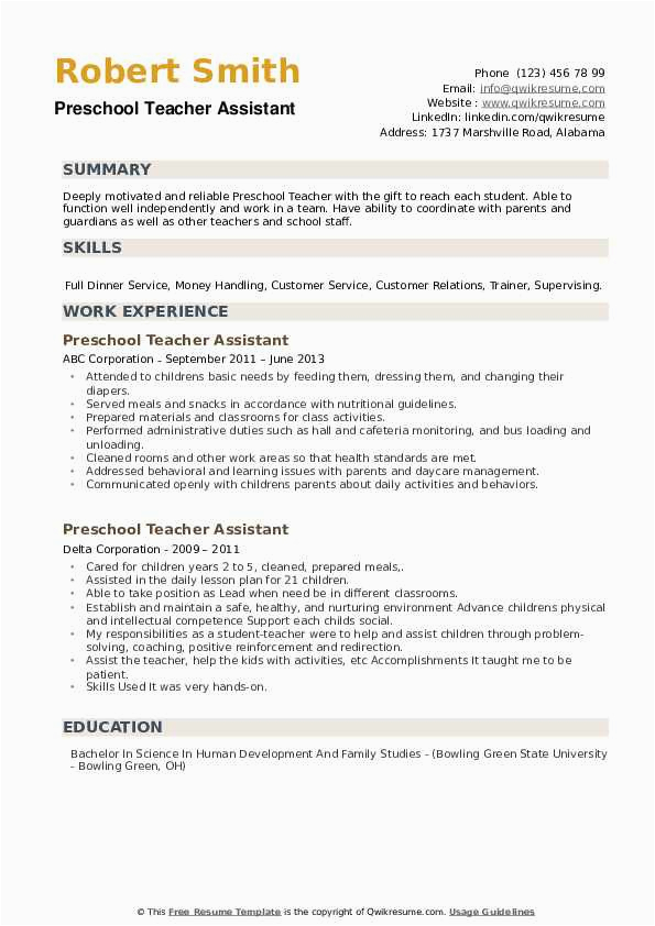 Sample Resume for Preschool Teacher assistant Preschool Teacher assistant Resume Samples