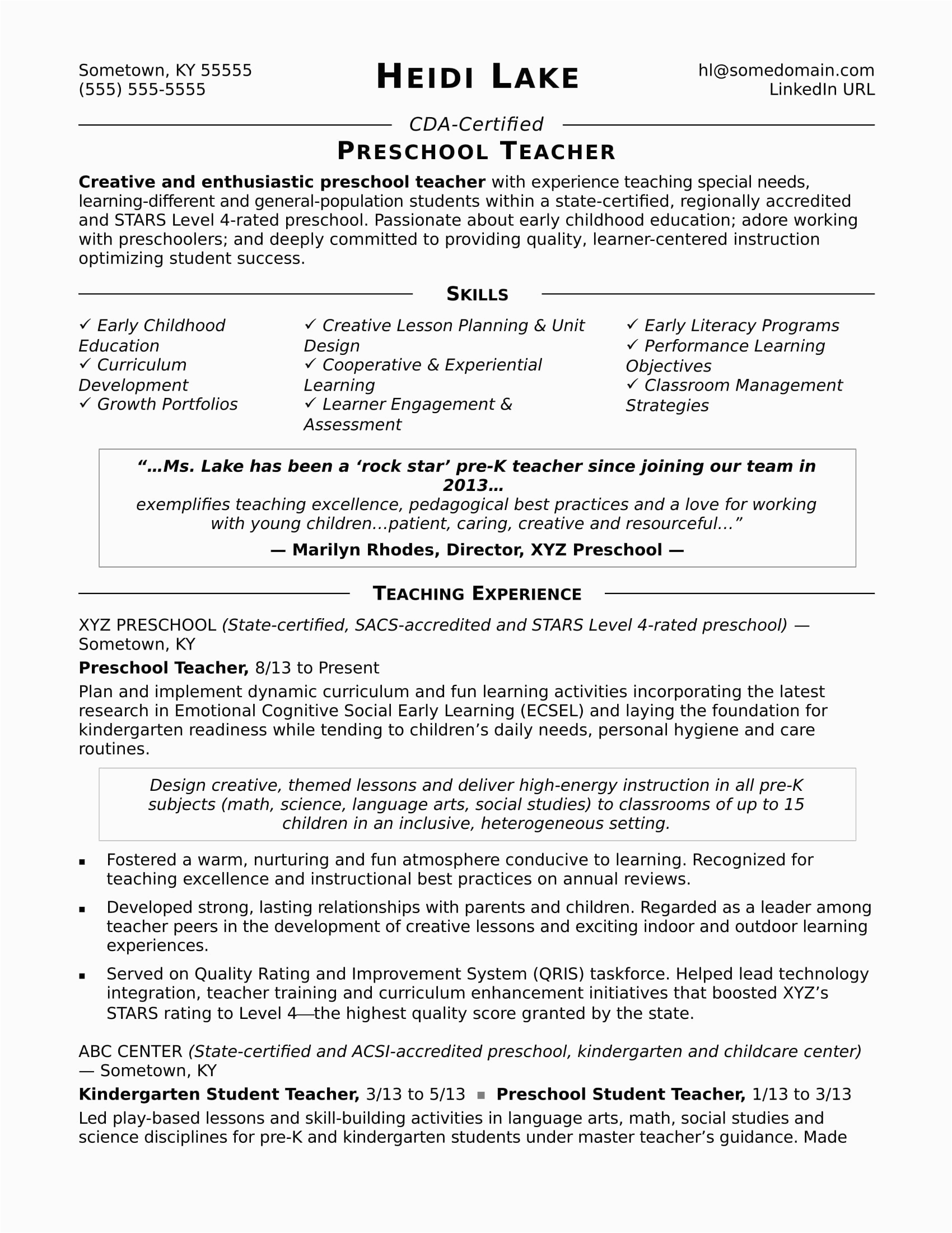 Sample Resume for Preschool Teacher assistant Preschool Teacher Resume Sample
