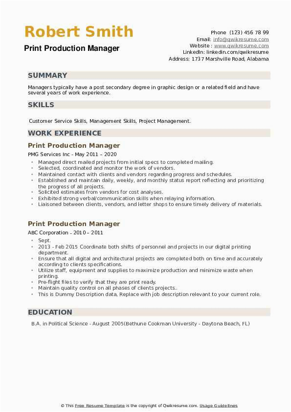 Sample Resume for Print Production Manager Print Production Manager Resume Samples