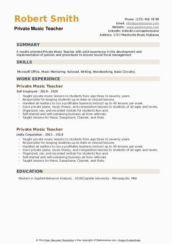 Sample Resume for Private School Teacher Private Music Teacher Resume Samples