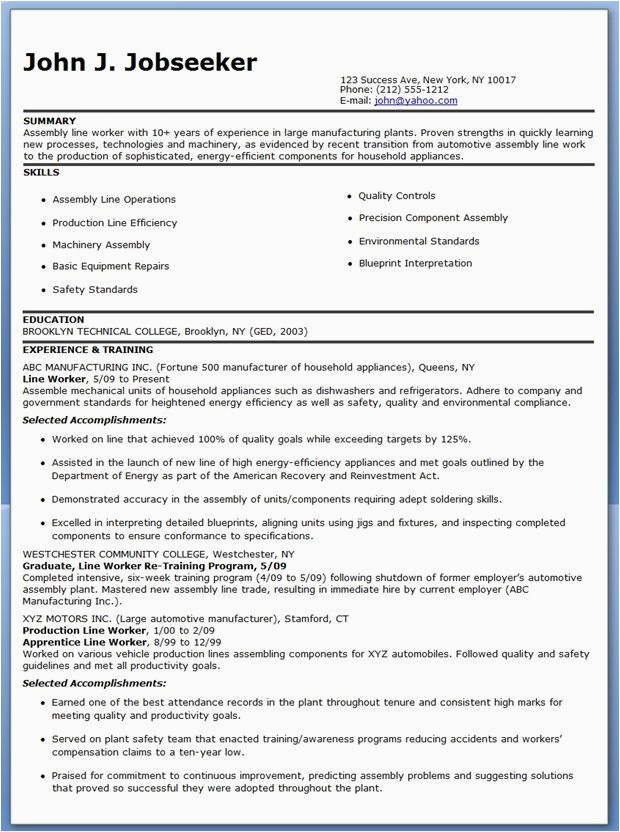 Sample Resume for Production Line Worker Production Line Worker Resume Examples Resume