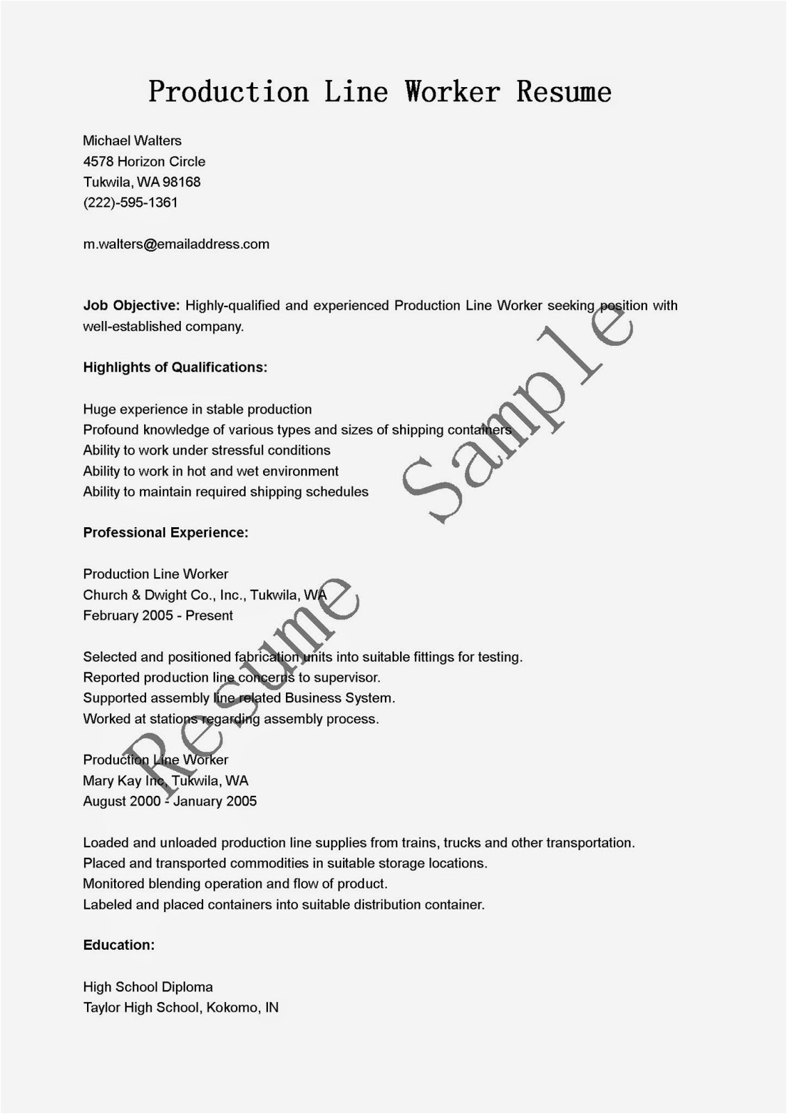 Sample Resume for Production Line Worker Resume Samples Production Line Worker Resume Sample