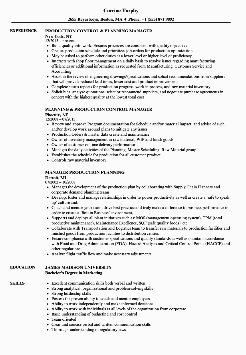 Sample Resume for Production Planning and Control Manager Manager Production Planning Resume Samples