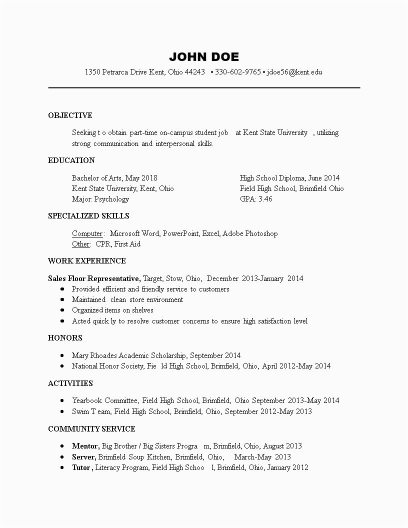 part time student job resume format