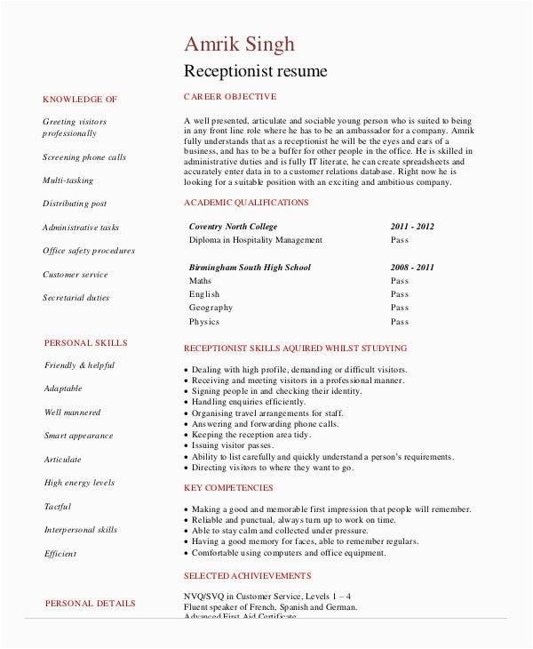 Sample Resume Objectives for Medical Receptionist 5 Medical Receptionist Resume Templates Pdf Doc