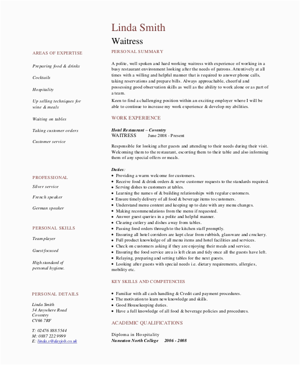 Waitress Job Description for Resume Samples Free 6 Sample Waitress Resume Templates In Pdf