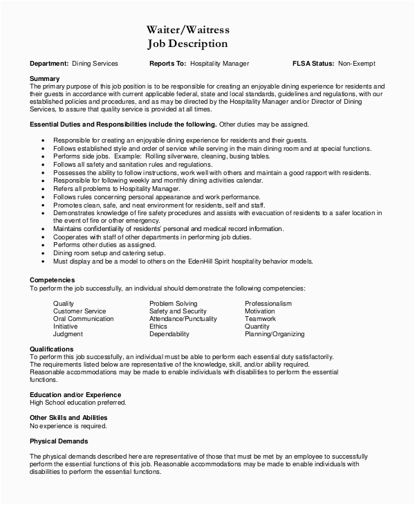 Waitress Job Description for Resume Samples Free 9 Sample Waitress Job Descriptions In Pdf