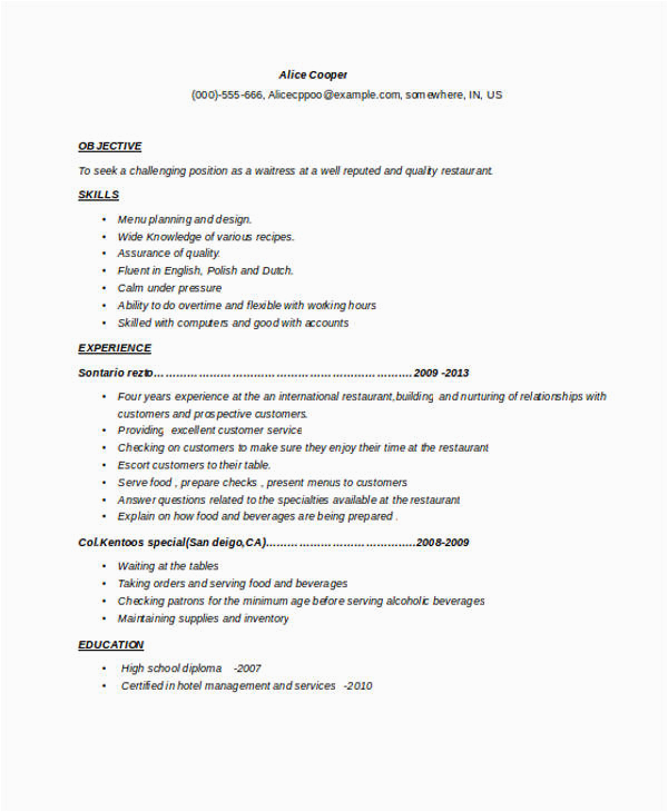 waitress resume template