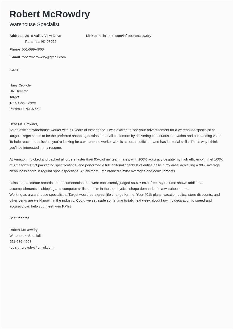 warehouse cover letter example