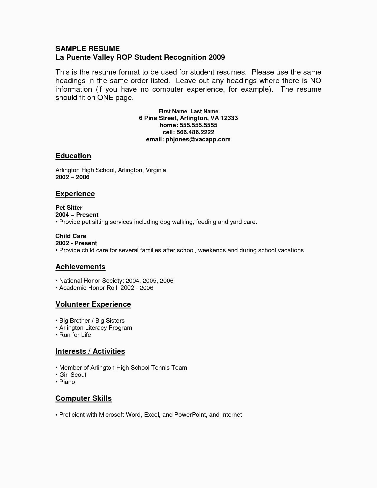 student sample resume no work experience