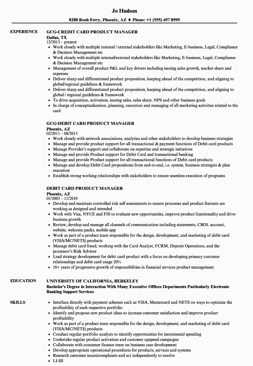 card product manager resume sample