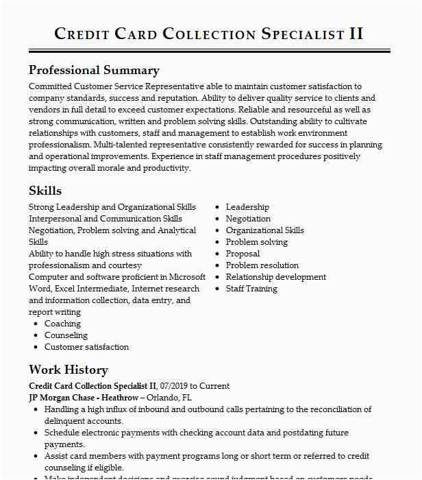 Credit Card Sales Executive Resume Sample Credit Collection Specialist Resume Example D & A Services