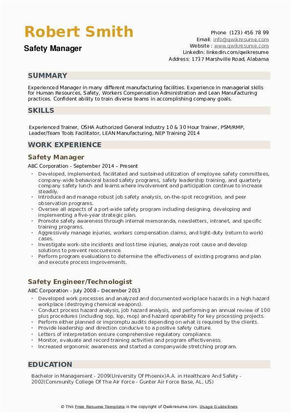 well design safety manager resume template