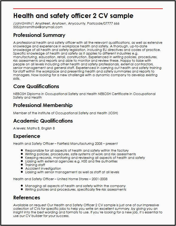 Health and Safety Officer Resume Sample Health and Safety Officer 2 Cv Sample Myperfectcv