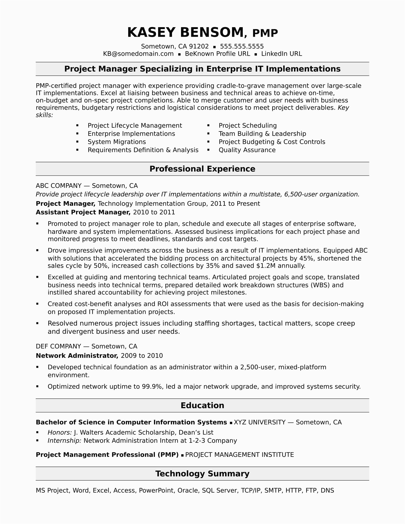 It Project Manager Resume Sample format Sample Resume for A Midlevel It Project Manager