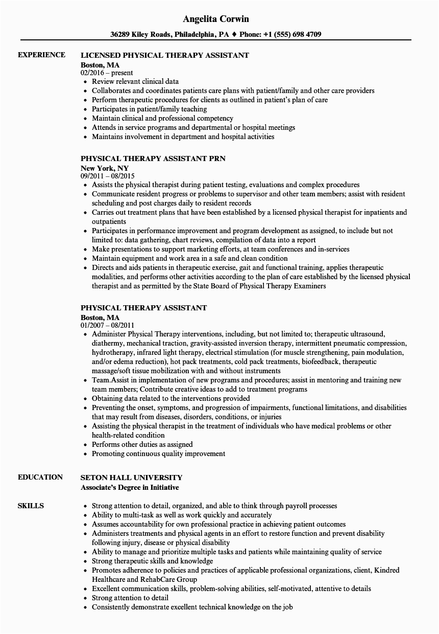 physical therapy assistant resume sample
