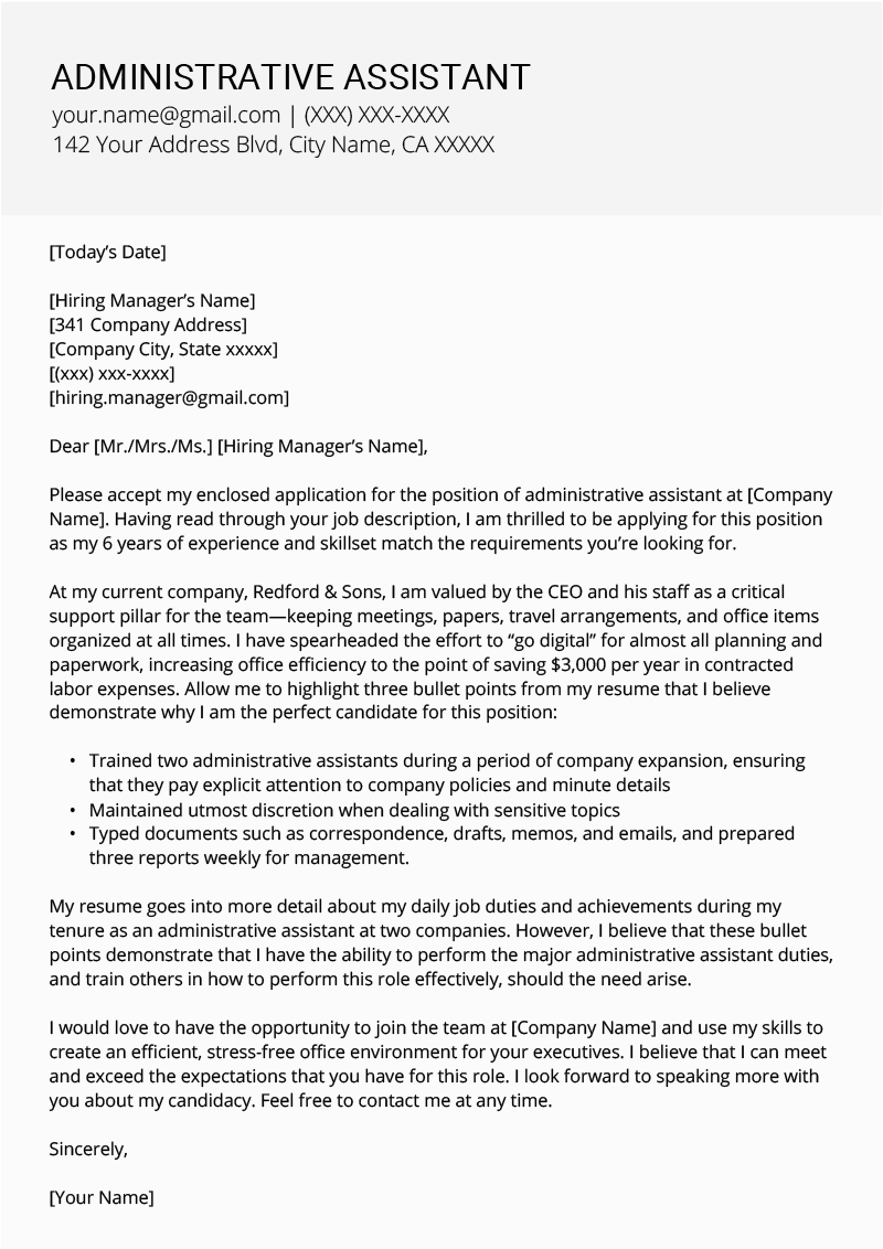administrative assistant cover letter sample