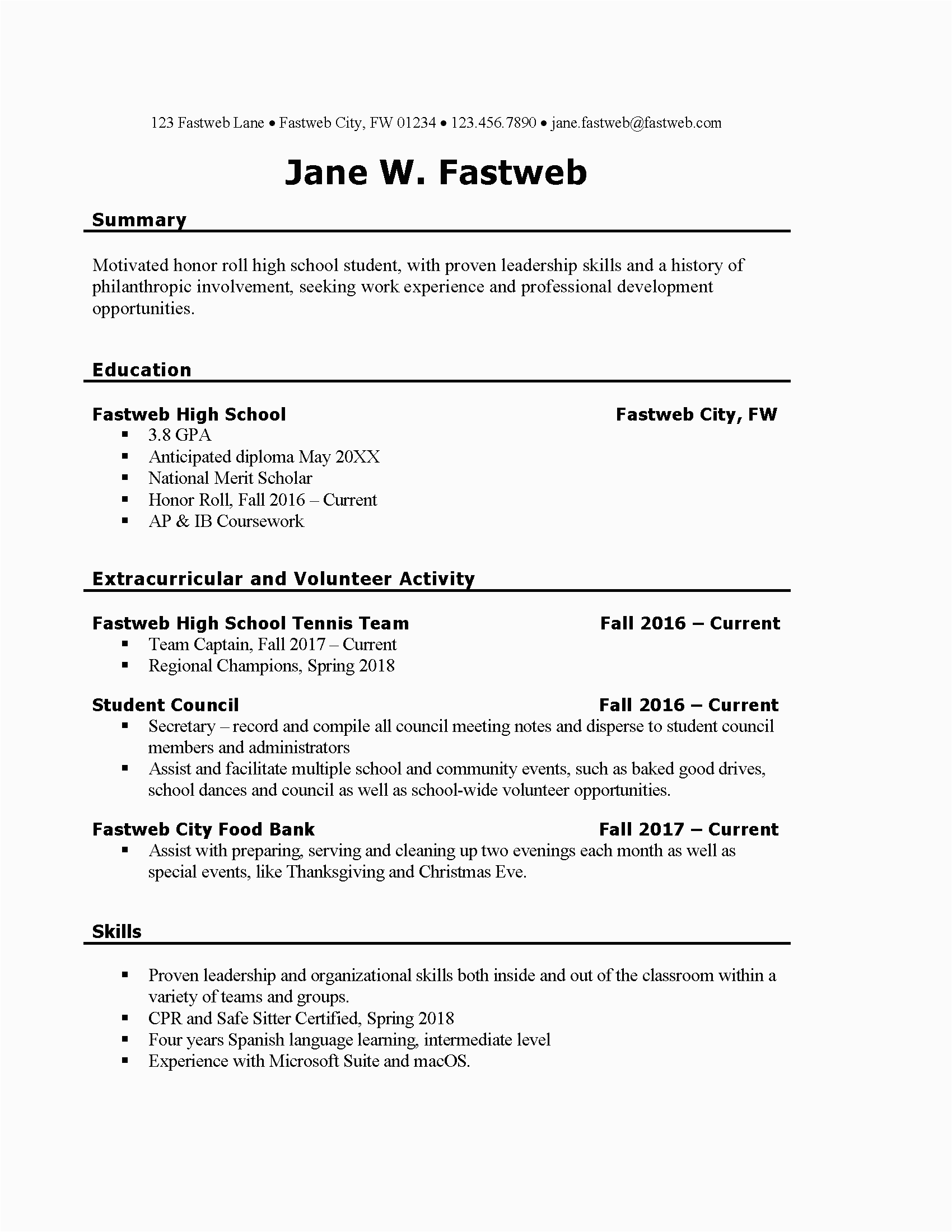 resume examples for teenager first job