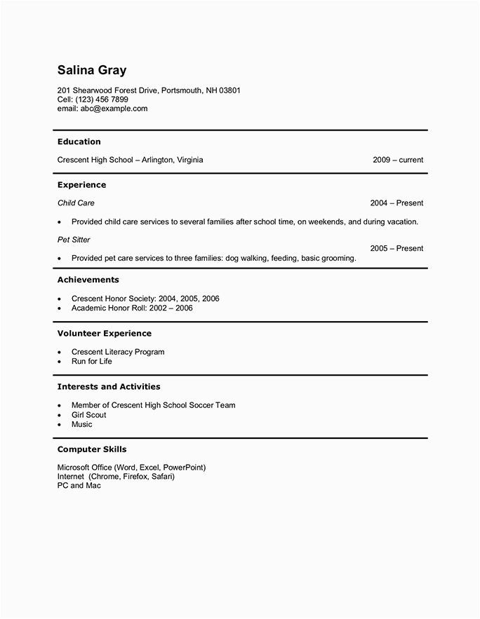 grade 10 teenager high school student resume with no work experience