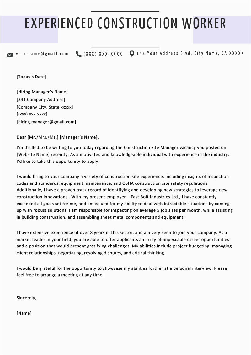 construction cover letter samples