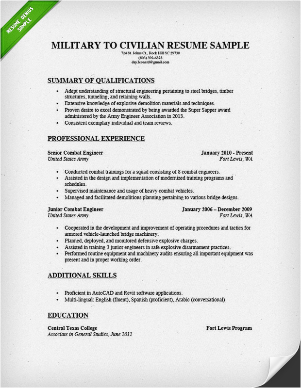 military to civilian resume example