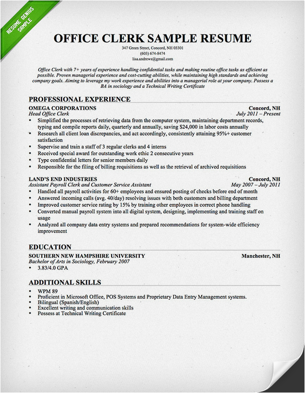 office worker resume example