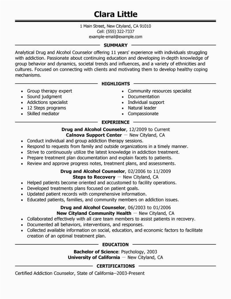 Sample Resume for Guidance Counselor Position Best Drug and Alcohol Counselor Resume Example From