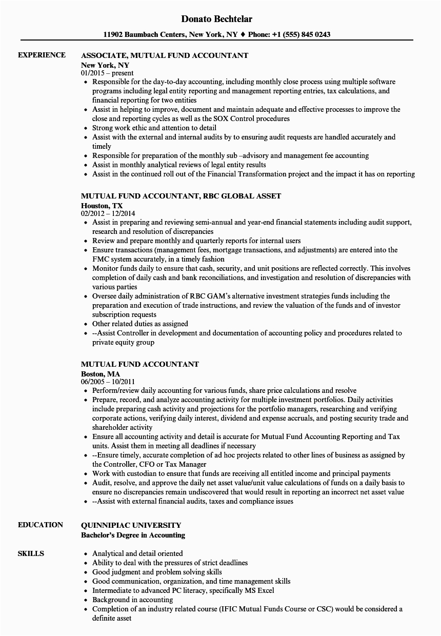 mutual fund accountant resume sample