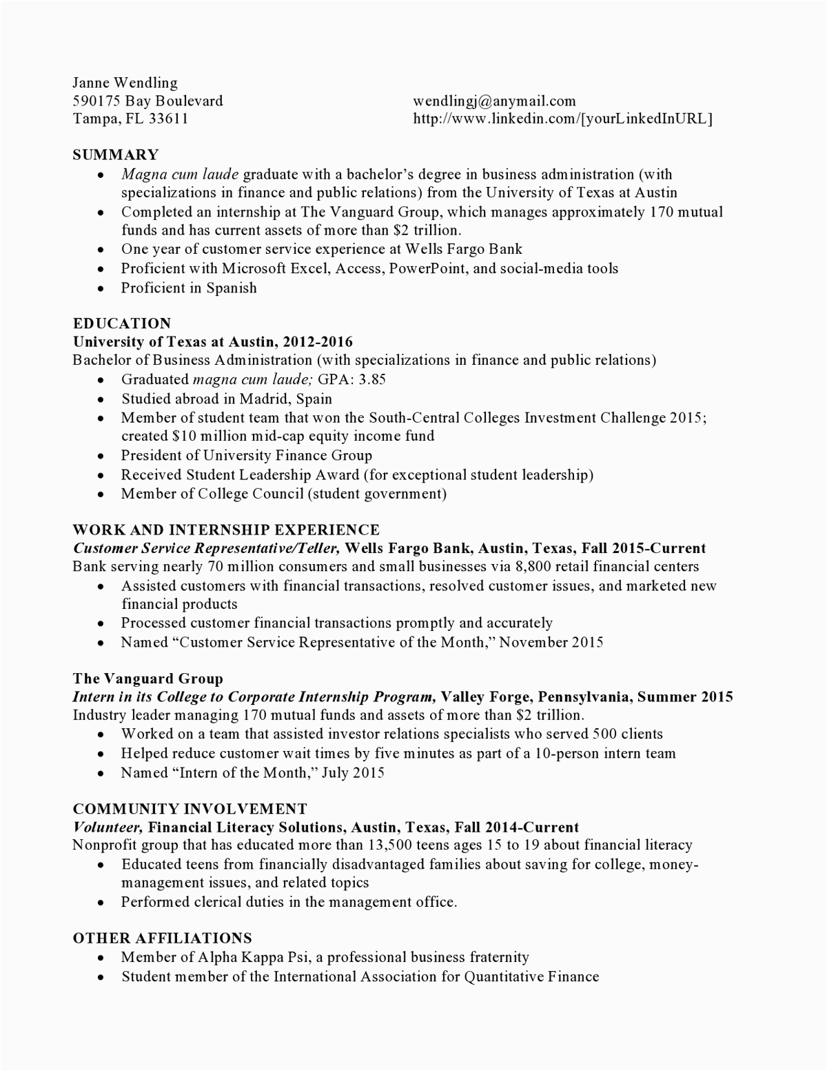 mutual funds entry level functional resume