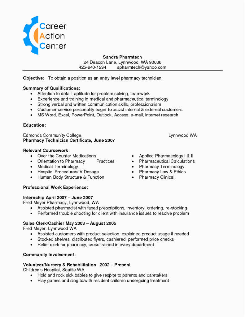sample of pharmacy technician resume