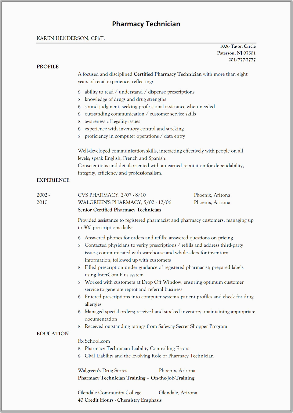 sample resume for pharmacy technician
