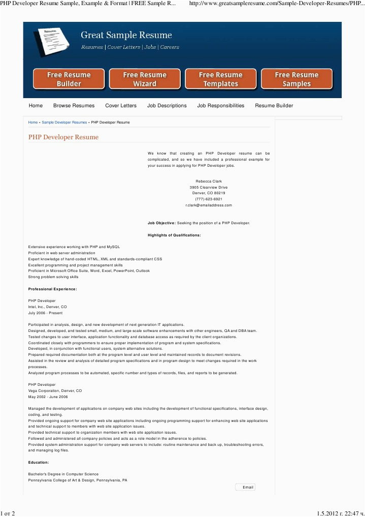 Sample Resume for PHP Developer Experienced PHP Developer Resume Sample Example & format Free