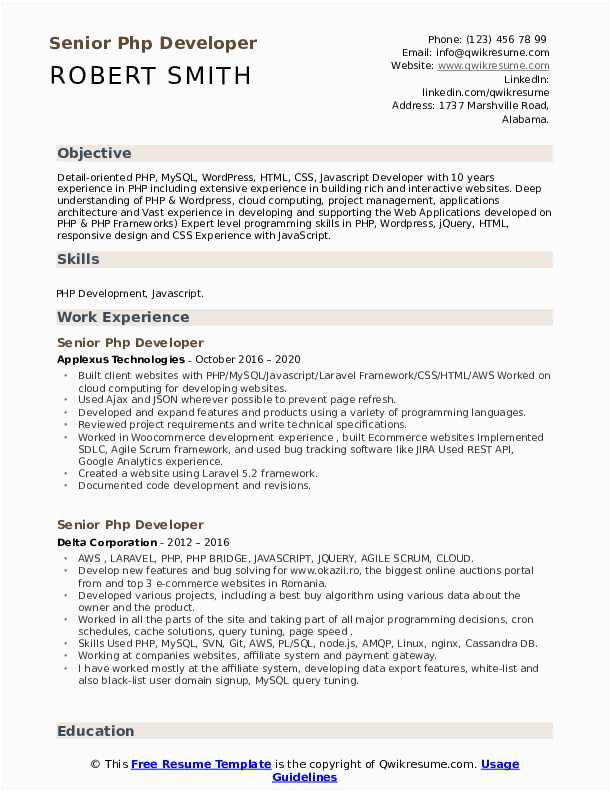 Sample Resume for PHP Developer Experienced Senior PHP Developer Resume Samples