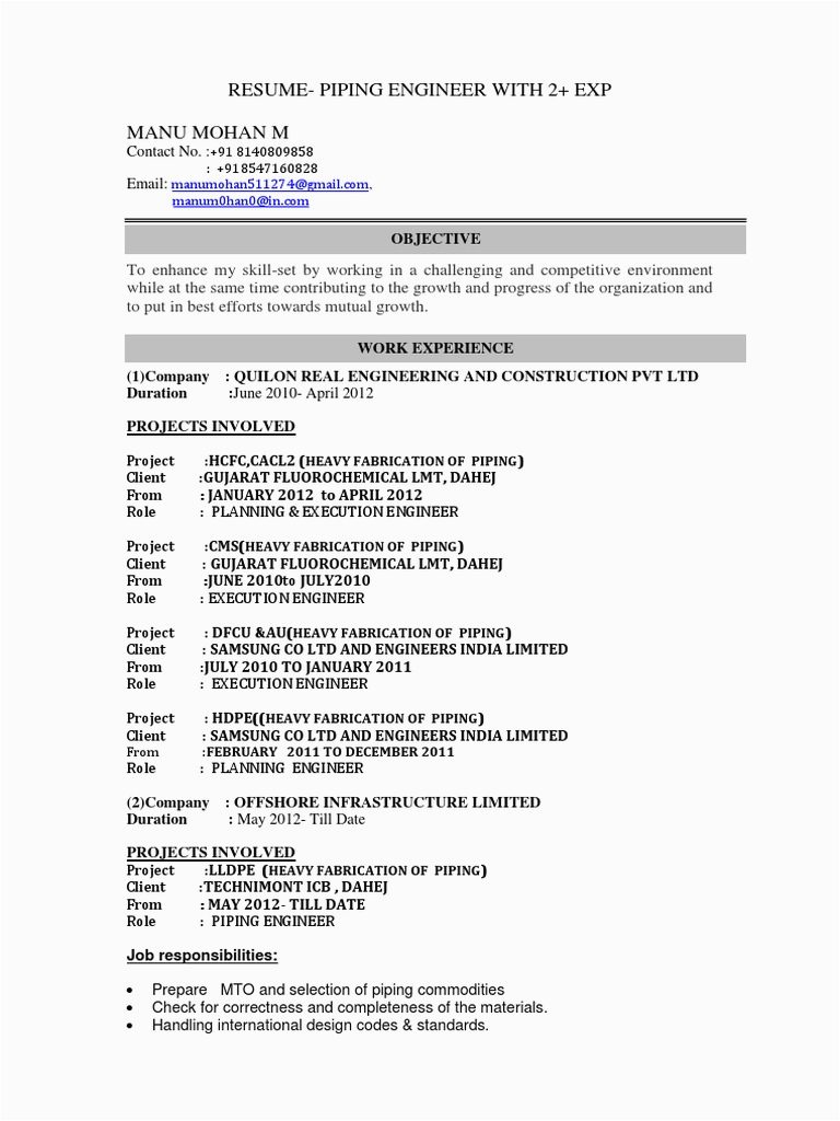 Sample Resume for Piping Design Engineer Piping Engineer Resume Sample Engineering