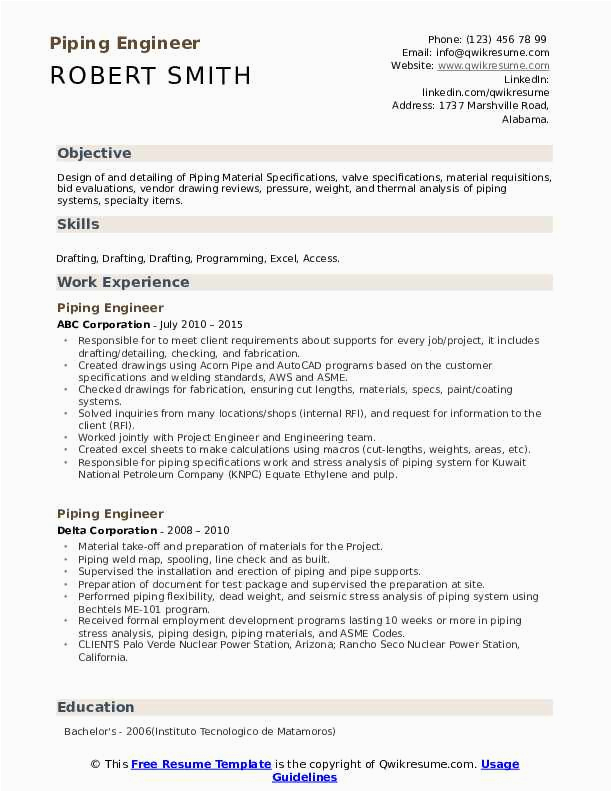 Sample Resume for Piping Design Engineer Piping Engineer Resume Samples