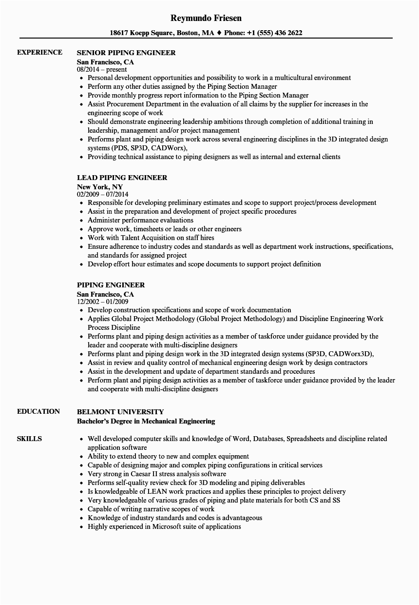 Sample Resume for Piping Design Engineer Piping Layout Engineer Jobs
