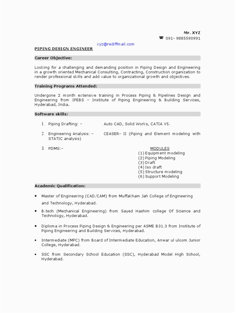 Sample Resume for Piping Design Engineer Sample Piping Design Engineer Resume