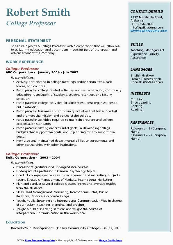 Sample Resume for Professors In Universities College Professor Resume Samples