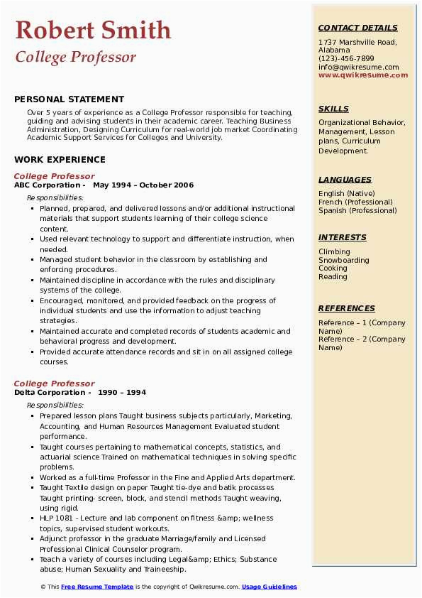 Sample Resume for Professors In Universities College Professor Resume Samples