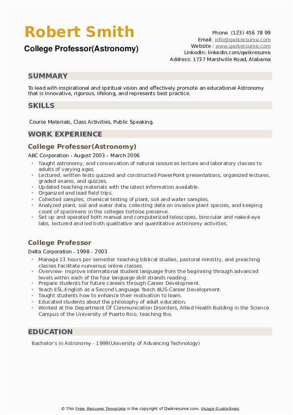 Sample Resume for Professors In Universities College Professor Resume Samples