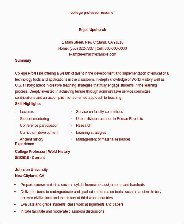 Sample Resume for Professors In Universities College Resume 9 Free Sample Example format