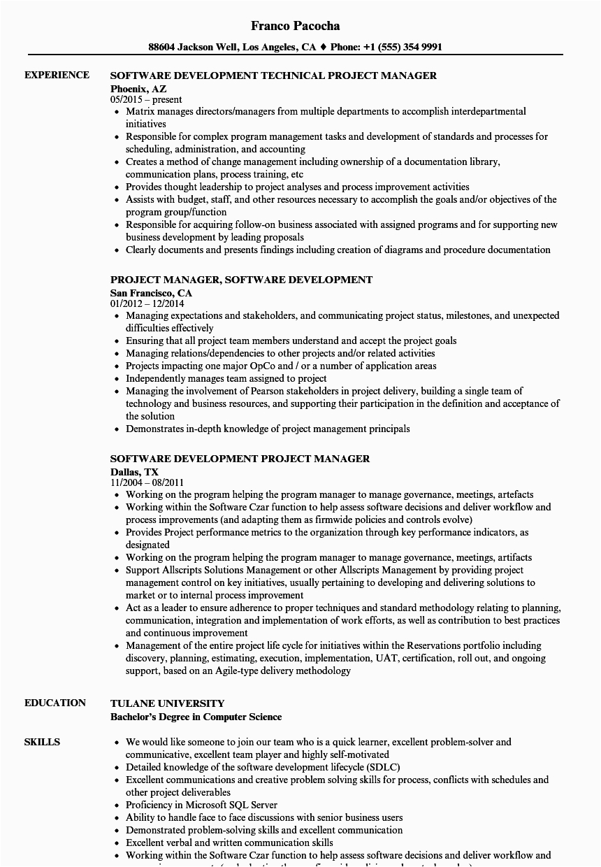 software development project manager resume sample