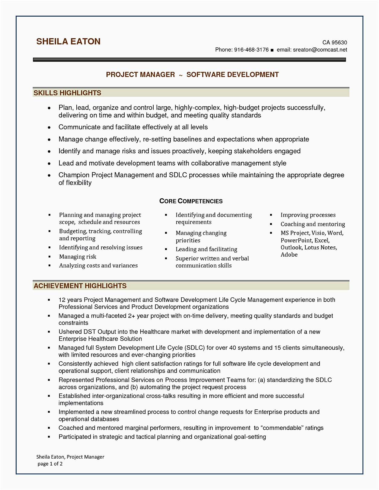 Sample Resume for Project Manager It software software Project Manager Resume