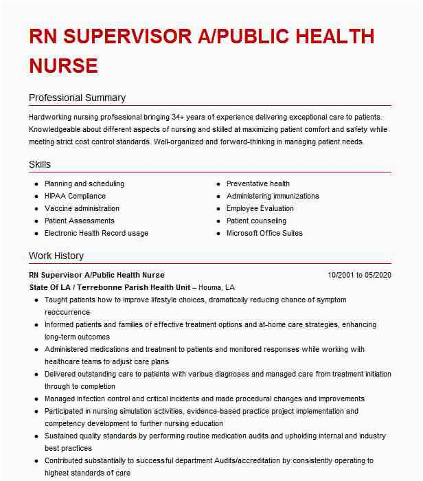 Sample Resume for Public Health Nurse Rn Supervisor A Public Health Nurse Resume Example State